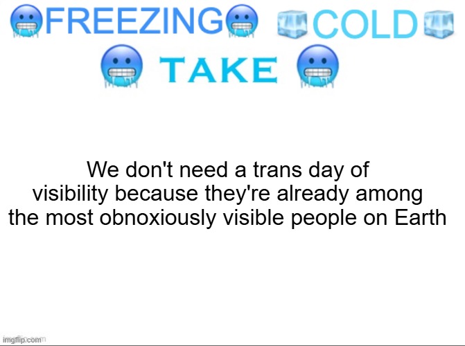 ?FREEZING? ?COLD? ?TAKE? | We don't need a trans day of visibility because they're already among the most obnoxiously visible people on Earth | image tagged in freezing cold take | made w/ Imgflip meme maker