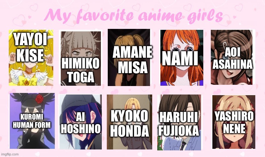 Yayoi Kise Himiko Toga Amane Misa Nami Ai hoshino Kuromi human form Aoi Asahina Haruhi Fujioka Kyoko Honda Yashiro Nene | made w/ Imgflip meme maker