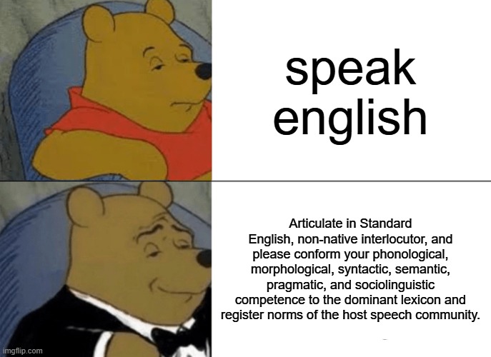Tuxedo Winnie The Pooh Meme | speak english; Articulate in Standard English, non-native interlocutor, and please conform your phonological, morphological, syntactic, semantic, pragmatic, and sociolinguistic competence to the dominant lexicon and register norms of the host speech community. | image tagged in memes,tuxedo winnie the pooh | made w/ Imgflip meme maker