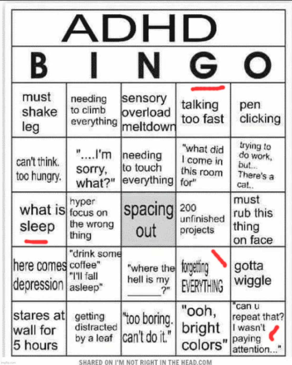 i SORTA have adhd (non hyperactive) | image tagged in adhd bingo | made w/ Imgflip meme maker