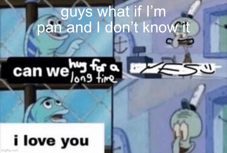 can we hug for a long time | guys what if I’m pan and I don’t know it | image tagged in can we hug for a long time | made w/ Imgflip meme maker