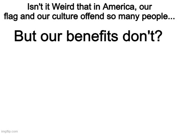 Makes you think doesnt it? | Isn't it Weird that in America, our flag and our culture offend so many people... But our benefits don't? | image tagged in memes,funny,america,politics,political meme | made w/ Imgflip meme maker
