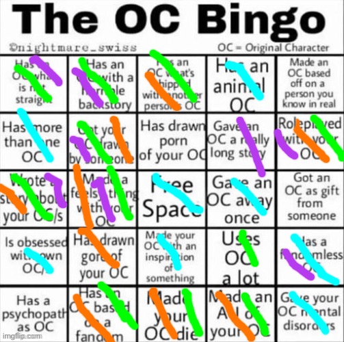 Yellow-Green = Inkmatas, Orange = Xander, Purple = Hakai, Light Blue = Me | image tagged in the oc bingo | made w/ Imgflip meme maker