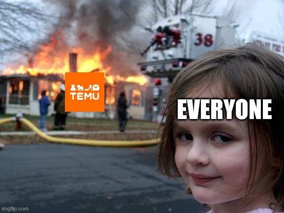 Disaster Girl | everyone | image tagged in memes,disaster girl,temu | made w/ Imgflip meme maker