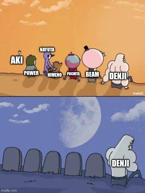 chainsaw man meme | nayuta; aki; power; denji; beam; himeno; pochita; denji | image tagged in regular show graves | made w/ Imgflip meme maker