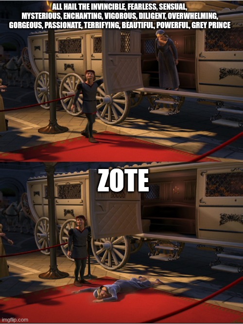 Shrek 2 - Here comes sleeping beauty | all hail The Invincible, Fearless, Sensual, Mysterious, Enchanting, Vigorous, Diligent, Overwhelming, Gorgeous, Passionate, Terrifying, Beautiful, Powerful, Grey Prince; Zote | image tagged in shrek 2 - here comes sleeping beauty | made w/ Imgflip meme maker