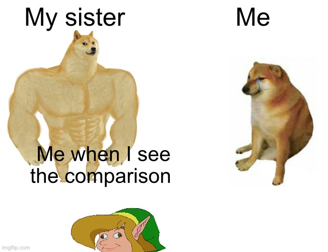 Buff Doge vs. Cheems Meme | My sister; Me; Me when I see the comparison | image tagged in memes,buff doge vs cheems | made w/ Imgflip meme maker