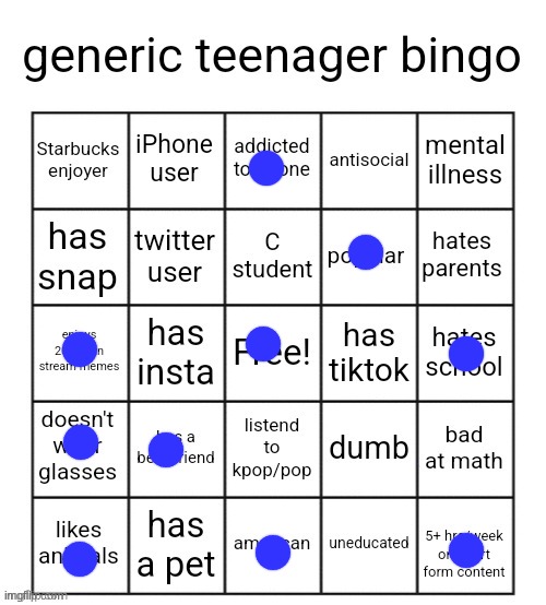 generic teenager bingo | image tagged in generic teenager bingo | made w/ Imgflip meme maker