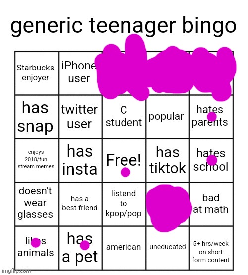 generic teenager bingo | image tagged in generic teenager bingo | made w/ Imgflip meme maker