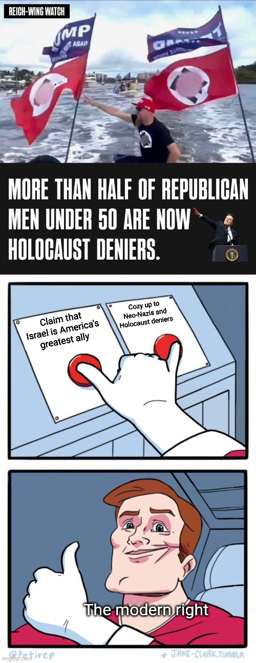 The modern right is showing cognitive dissonance that's gonna make their "greatest ally" very unhappy | Cozy up to Neo-Nazis and Holocaust deniers; Claim that Israel is America's greatest ally; The modern right | image tagged in both buttons pressed,nazis,neo-nazis,conservative hypocrisy | made w/ Imgflip meme maker