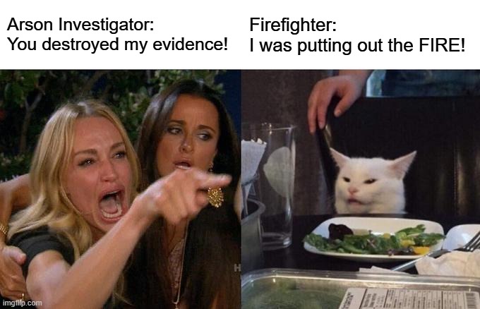 The Evidence Destruction Team | Arson Investigator:
You destroyed my evidence! Firefighter:
I was putting out the FIRE! | image tagged in memes,woman yelling at cat,forensic chemistry,arson,firefighting | made w/ Imgflip meme maker