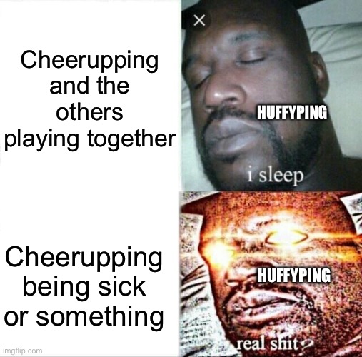 lol | Cheerupping and the others playing together; Huffyping; Cheerupping being sick or something; Huffyping | image tagged in memes,sleeping shaq | made w/ Imgflip meme maker