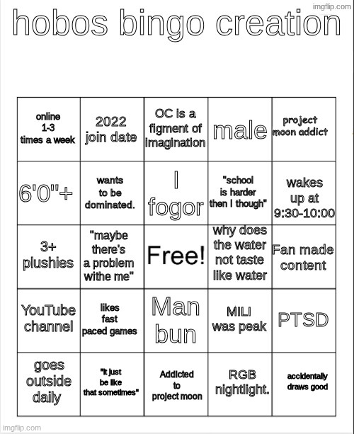 Hobo bingo | project moon addict | image tagged in hobo bingo | made w/ Imgflip meme maker