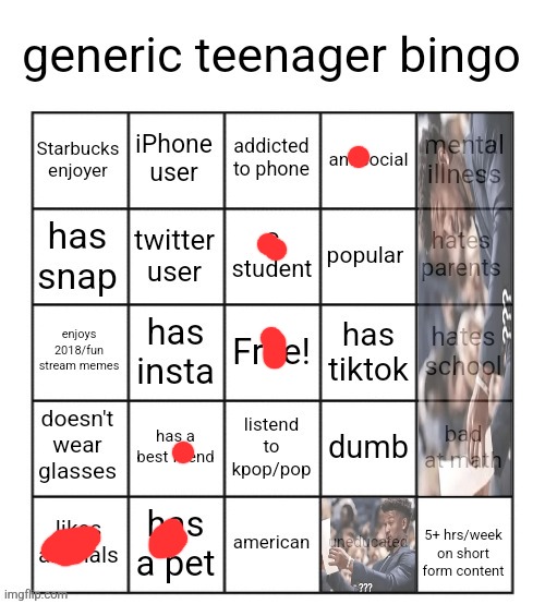 generic teenager bingo | image tagged in generic teenager bingo | made w/ Imgflip meme maker
