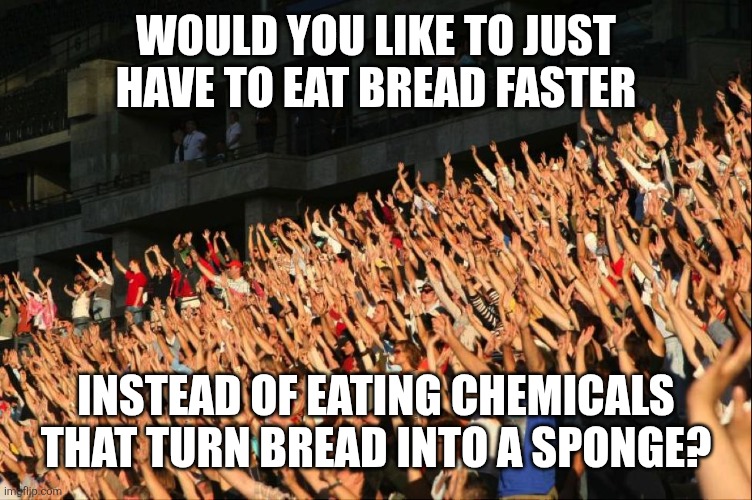Raise your hands crowd | Would you like to just have to eat bread faster; Instead of eating chemicals that turn bread into a sponge? | image tagged in raise your hands crowd | made w/ Imgflip meme maker