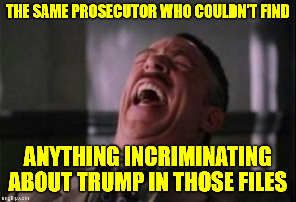 J Jonah Jameson laughing | The same prosecutor who couldn't find anything incriminating about Trump in those files | image tagged in j jonah jameson laughing | made w/ Imgflip meme maker