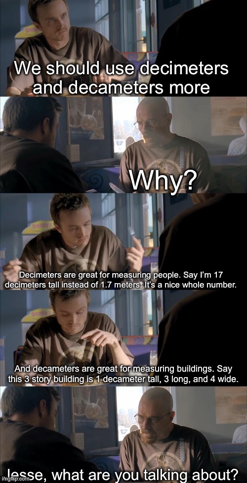 Think about it | We should use decimeters and decameters more; Why? Decimeters are great for measuring people. Say I’m 17 decimeters tall instead of 1.7 meters. It’s a nice whole number. And decameters are great for measuring buildings. Say this 3 story building is 1 decameter tall, 3 long, and 4 wide. Jesse, what are you talking about? | image tagged in jesse wtf are you talking about,metric,memes,meme | made w/ Imgflip meme maker