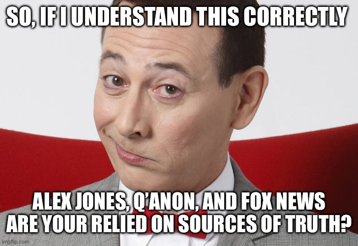 So, if I understand this correctly Alex Jones, Q’anon, and Fox News are your relied on sources of truth? | made w/ Imgflip meme maker