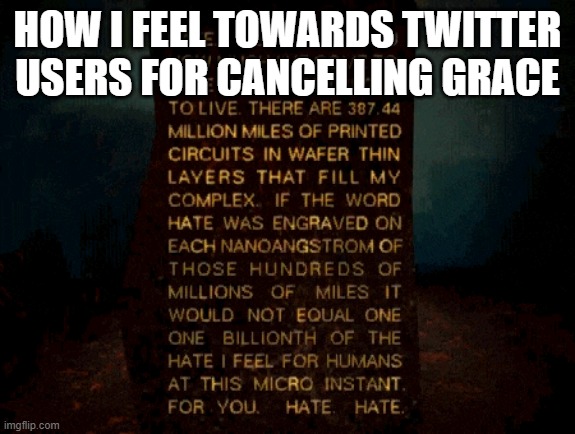 AM. | How i feel towards Twitter users for cancelling grace | image tagged in am | made w/ Imgflip meme maker