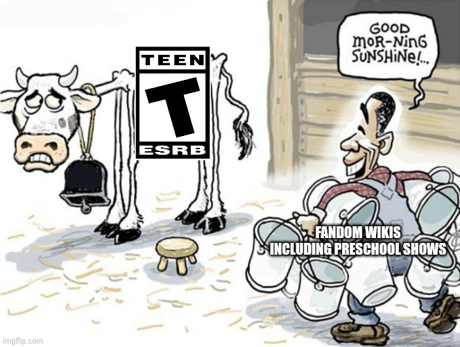 Fandom in a nutshell | Fandom wikis including preschool shows | image tagged in milking the cow | made w/ Imgflip meme maker