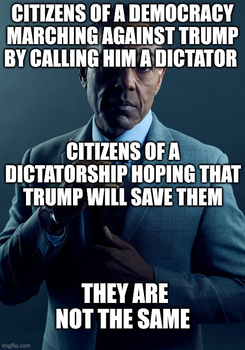 Gus Fring we are not the same | Citizens of a democracy marching against Trump by calling him a dictator; Citizens of a dictatorship hoping that Trump will save them; They are not the same | image tagged in gus fring we are not the same | made w/ Imgflip meme maker