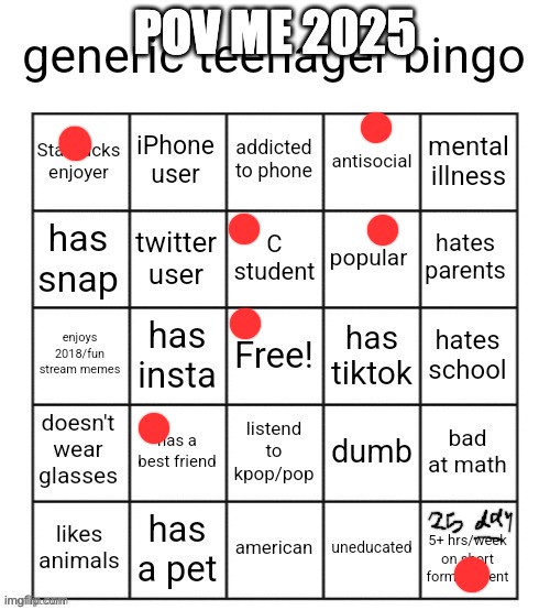 generic teenager bingo | POV me 2025 | image tagged in generic teenager bingo | made w/ Imgflip meme maker
