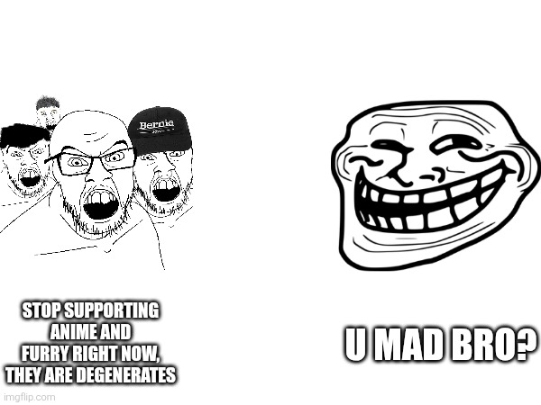 this will annoy people who joins anti-furry and anti-anime | Stop supporting anime and furry right now, they are degenerates; U mad bro? | image tagged in furry,anime,trollface,soyjak | made w/ Imgflip meme maker