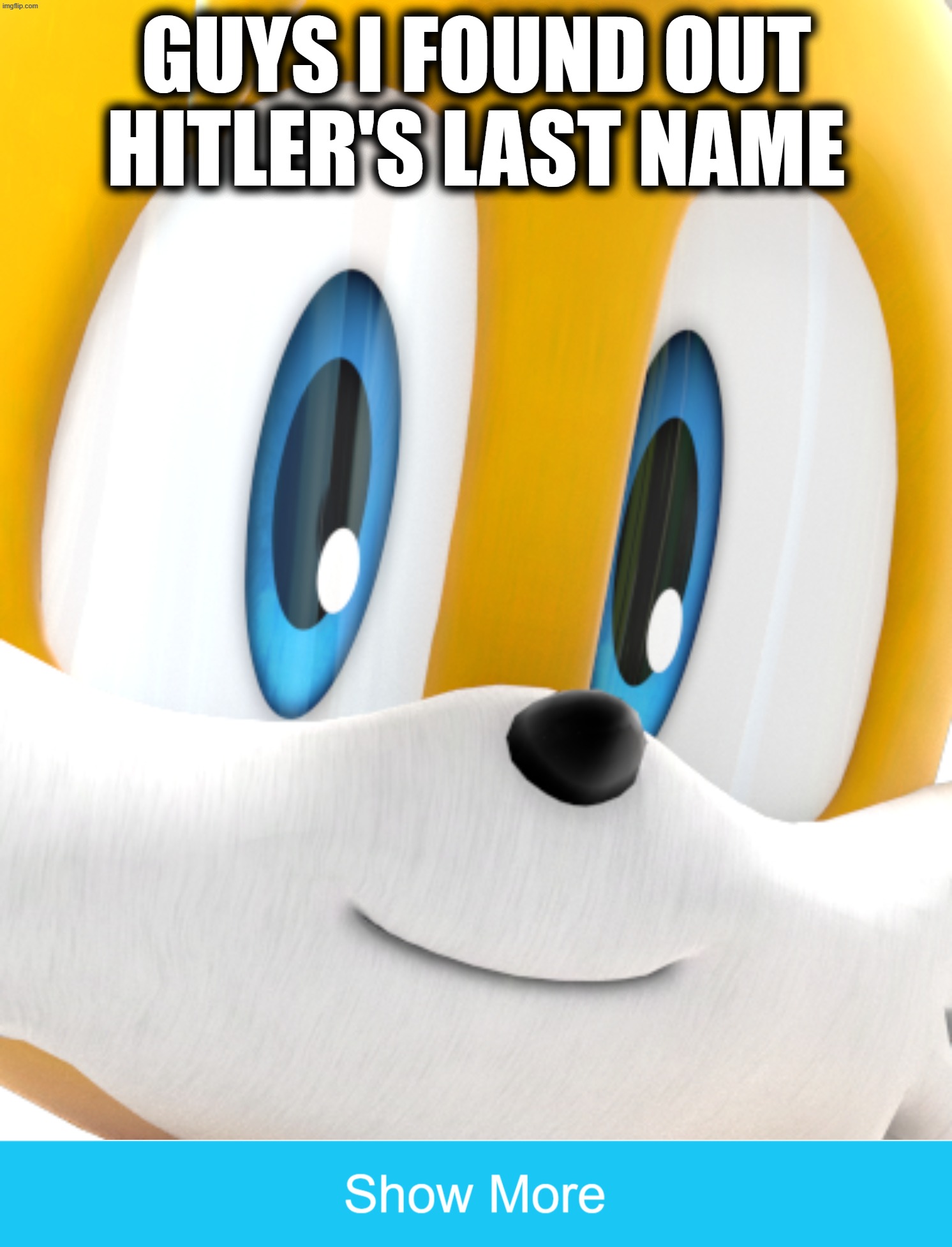 Read the full meme to find out | Guys I found out
Hitler's last name | image tagged in the fox is watching you,show more | made w/ Imgflip meme maker