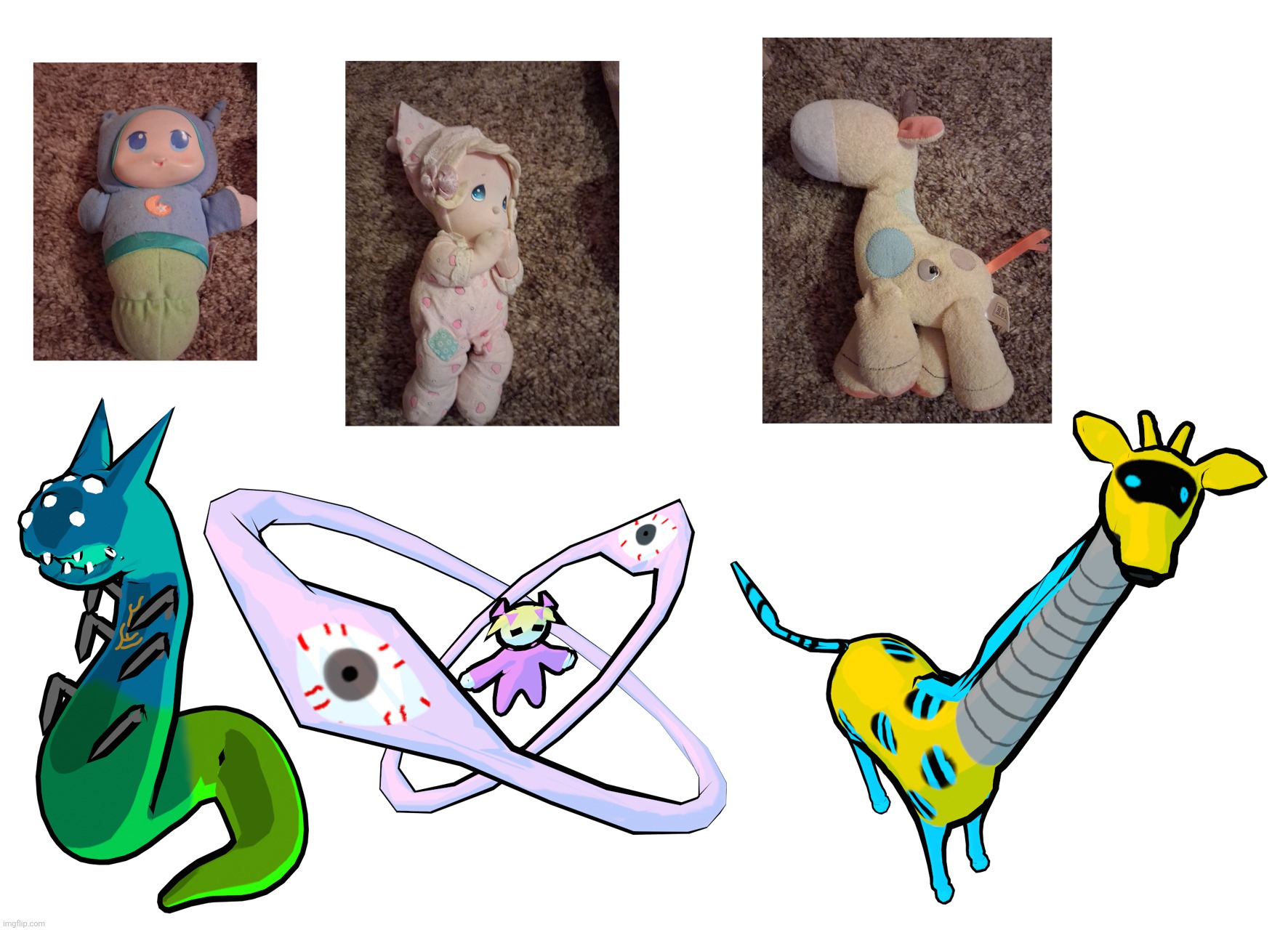 Characters made from childhood toys. I kinda based them mildly on the style of street art and the past, present, and future | made w/ Imgflip meme maker