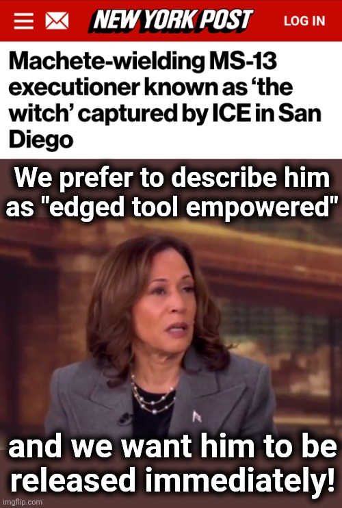 If Democrats have their way, he'll be the boss on our streets | We prefer to describe him
as "edged tool empowered"; and we want him to be
released immediately! | image tagged in memes,ice,democrats,ms-13,machete,murderer | made w/ Imgflip meme maker