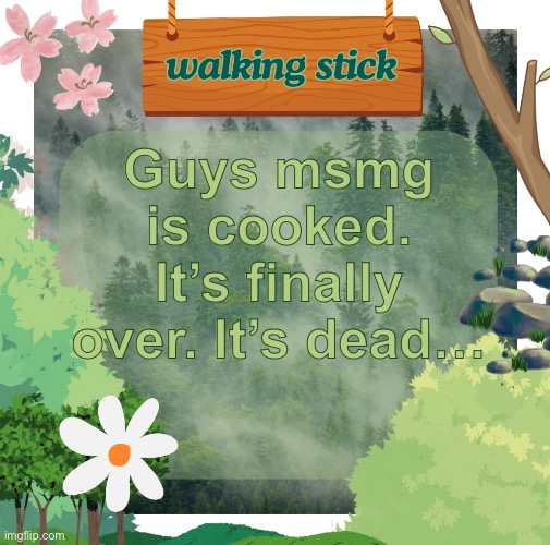it’s joever | Guys msmg is cooked. It’s finally over. It’s dead… | image tagged in the walking stick announcement temp made by shira,msmg | made w/ Imgflip meme maker