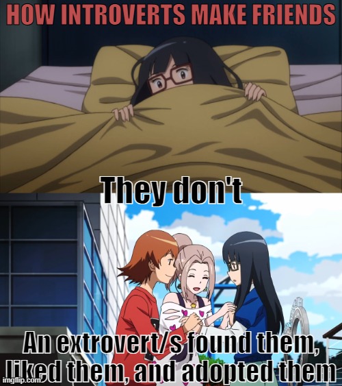 How Meiko made friends | How introverts make friends; They don't; An extrovert/s found them, liked them, and adopted them | image tagged in digimon,digimon adventure tri,how introverts make friends,meiko mochizuki,sora takenouchi,mimi tachikawa | made w/ Imgflip meme maker