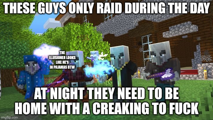 Illagers | These guys only raid during the day; The illusioner looks like he's in pajamas btw; At night they need to be home with a creaking to fuck | image tagged in illagers | made w/ Imgflip meme maker