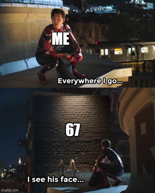 Everywhere I go, I see his face | me; 67 | image tagged in everywhere i go i see his face | made w/ Imgflip meme maker
