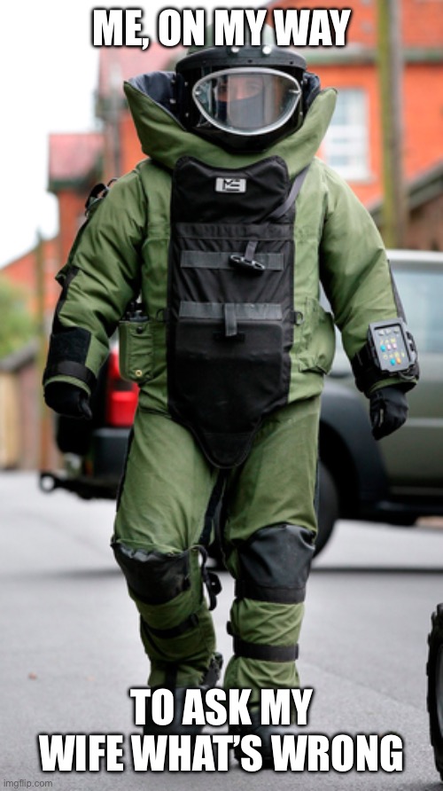 Whats wrong with you? | Me, on my way; To ask my wife what’s wrong | image tagged in bomb disposal,portrait,me,angry wife,wrong,honey whats wrong | made w/ Imgflip meme maker