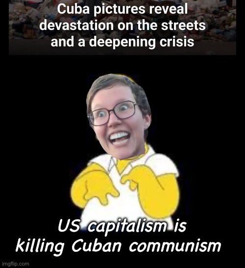 Is just hasn’t been done correctly | US capitalism is killing Cuban communism | image tagged in look marge,politics lol,memes,liberal logic | made w/ Imgflip meme maker