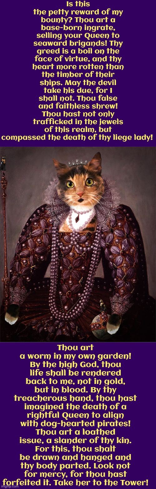 Thou Art A Base-Born Ingrate | Is this the petty reward of my bounty? Thou art a base-born ingrate, selling your Queen to seaward brigands! Thy greed is a boil on the face of virtue, and thy heart more rotten than the timber of their ships. May the devil take his due, for I shall not. Thou false and faithless shrew! Thou hast not only trafficked in the jewels of this realm, but compassed the death of thy liege lady! Thou art a worm in my own garden! By the high God, thou life shall be rendered back to me, not in gold, but in blood. By thy treacherous hand, thou hast imagined the death of a rightful Queen to align with dog-hearted pirates! Thou art a loathed issue, a slander of thy kin. For this, thou shalt be drawn and hanged and thy body parted. Look not for mercy, for thou hast forfeited it. Take her to the Tower! | image tagged in cats,medieval memes,the queen,assassination,greed,execution | made w/ Imgflip meme maker