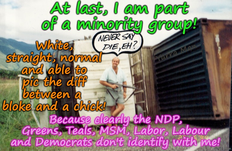 Finally I can identify myself with a minority group. | At last, I am part of a minority group! White, straight, normal and able to pic the diff between a  bloke and a chick! Yarra Man; Because clearly the NDP, Greens, Teals, MSM, Labor, Labour and Democrats don't identify with me! | image tagged in ndp greens teals labor labour democrat,ultra far left,self gratification by proxy,woke virtue signaling,canada uik australia | made w/ Imgflip meme maker