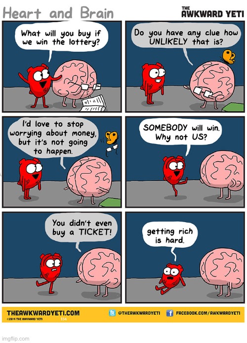 The Lottery | image tagged in comics,the awkward yeti,heart and brain,lottery,winning,getting rich is hard | made w/ Imgflip meme maker