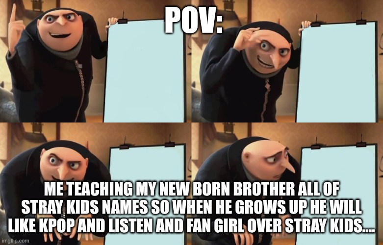 koppop | pov:; me teaching my new born brother all of stray kids names so when he grows up he will like kpop and listen and fan girl over stray kids.... | image tagged in gru | made w/ Imgflip meme maker