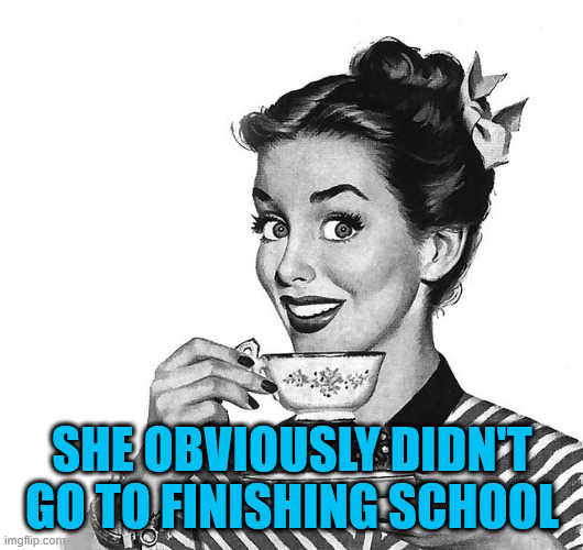 Retro woman teacup | she obviously didn't go to finishing school | image tagged in retro woman teacup | made w/ Imgflip meme maker