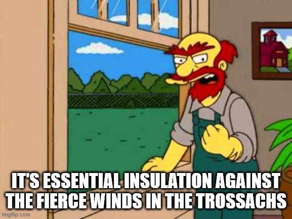 Groundskeeper Willie from the simpsons | It's essential insulation against
the fierce winds in the trossachs | image tagged in groundskeeper willie from the simpsons | made w/ Imgflip meme maker