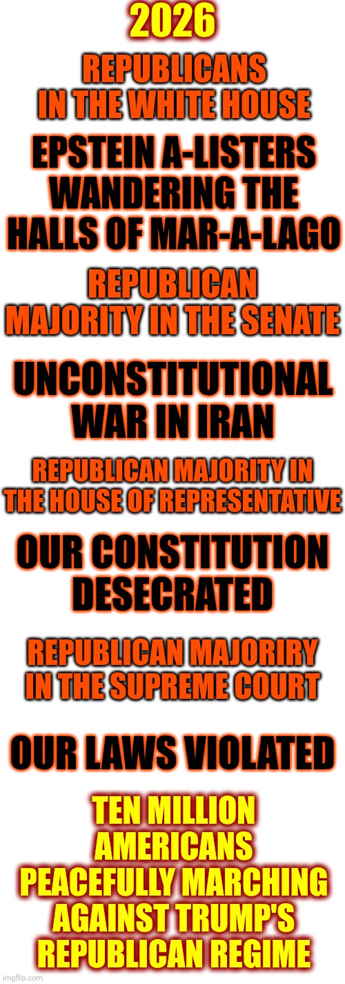 Fact | 2026; Republicans in the White House; Epstein A-Listers wandering the halls of Mar-a-Lago; Republican majority in the Senate; Unconstitutional War in Iran; Republican majority in the House of Representative; Our constitution desecrated; Republican majoriry in the Supreme Court; Ten million Americans peacefully marching against Trump's Republican regime; Our laws violated | image tagged in memes,impeach trump,lock him up,release the epstein files,republicans,conservative hypocrisy | made w/ Imgflip meme maker