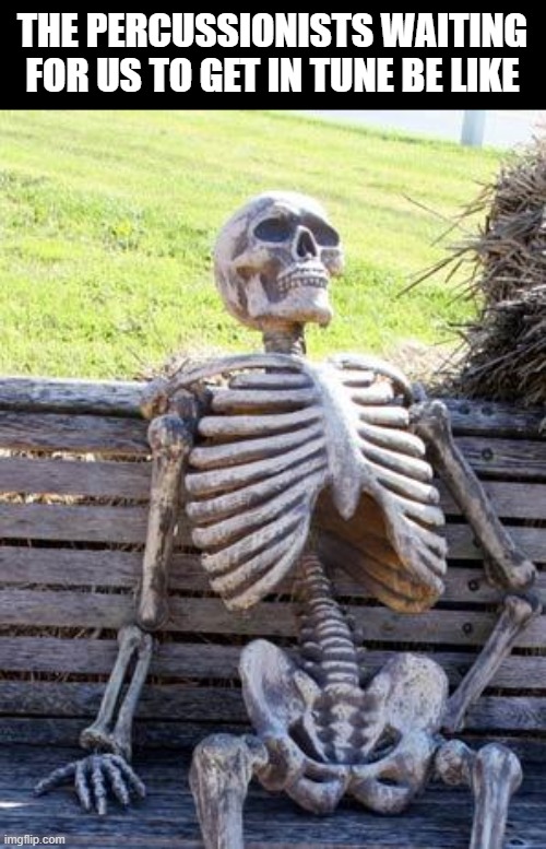 poor snare drums | The percussionists waiting for us to get in tune be like | image tagged in memes,waiting skeleton | made w/ Imgflip meme maker