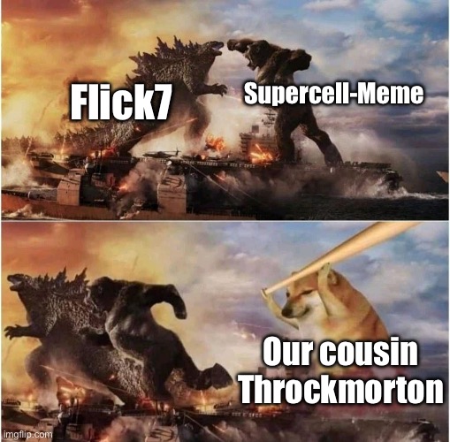 Good ol' Throcky comes around to pay a visit every now and then | Supercell-Meme; Flick7; Our cousin Throckmorton | image tagged in kong godzilla doge,our cousin throckmorton | made w/ Imgflip meme maker