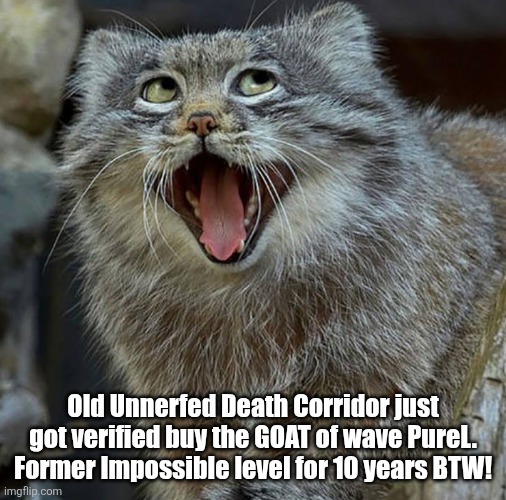 New Top 1! | Old Unnerfed Death Corridor just got verified buy the GOAT of wave PureL. Former Impossible level for 10 years BTW! | image tagged in so happy cat | made w/ Imgflip meme maker