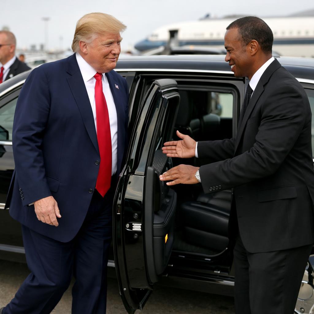 Trump getting into a limousine. Tiger Woods is in a black suit a Blank Meme Template