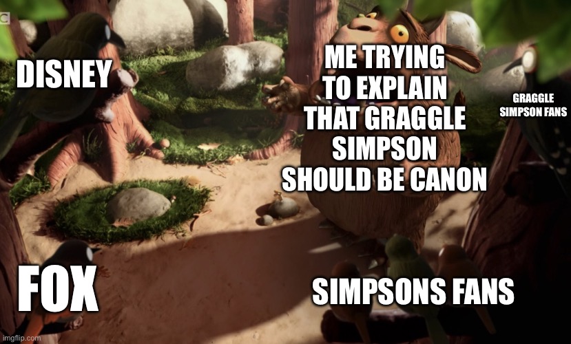 Yes, I know about Graggle too | ME TRYING TO EXPLAIN THAT GRAGGLE SIMPSON SHOULD BE CANON; DISNEY; GRAGGLE SIMPSON FANS; FOX; SIMPSONS FANS | image tagged in gruffalo screaming,graggle simpson,the simpsons,disney,fox,discovering something that doesn't exist | made w/ Imgflip meme maker