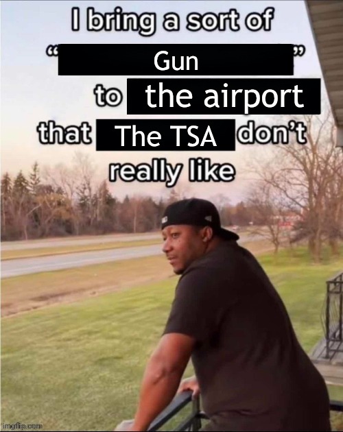 my first few memes will probably be shit | Gun; the airport; The TSA | image tagged in i bring a sort of x to y that z don't really like | made w/ Imgflip meme maker
