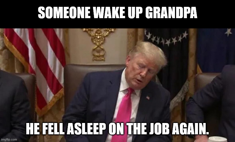 Donny is eepy. | Someone wake up grandpa; he fell asleep on the job again. | image tagged in donald trump,dementia,drowzy donny | made w/ Imgflip meme maker